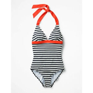 Boden Positano Halter Swimsuit Endurance 6 Navy White Stripe Red/Orange Trim NEW
